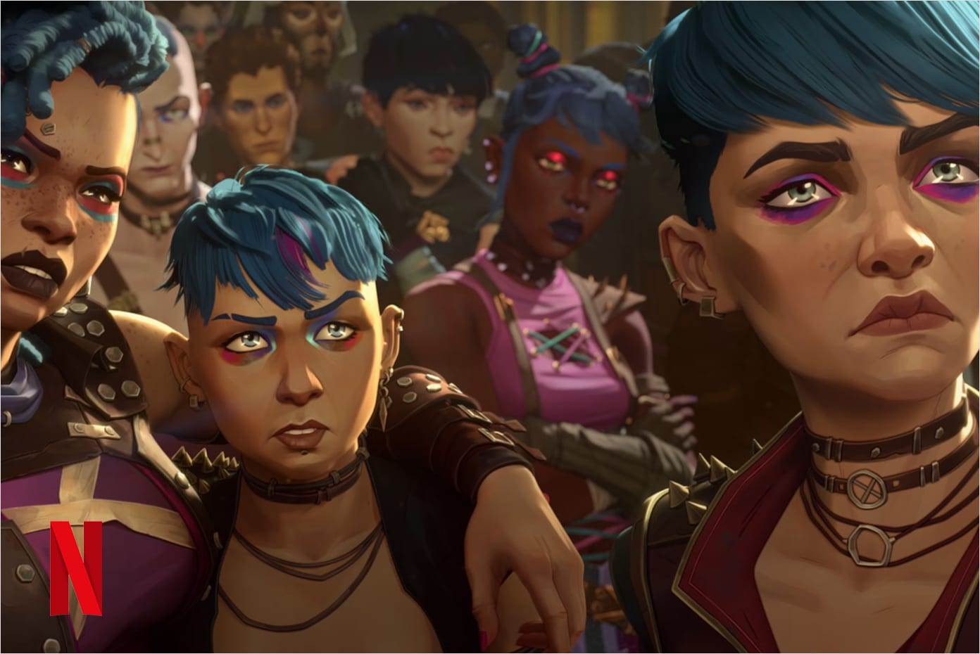 Animated characters walking towards a village filled with people.