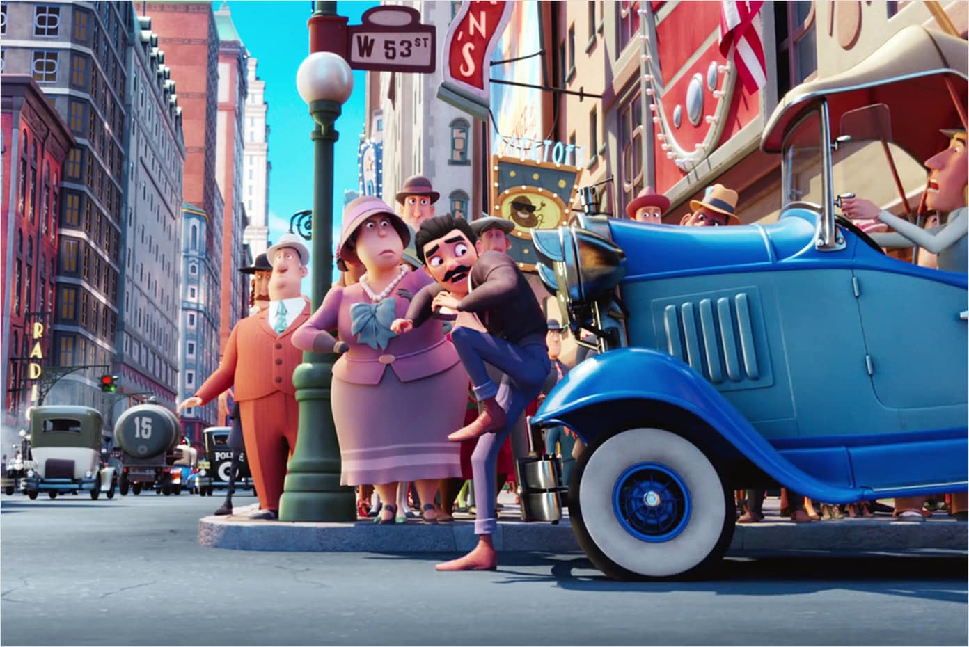 Animated character walking into oncoming traffic and almost hit by a car.