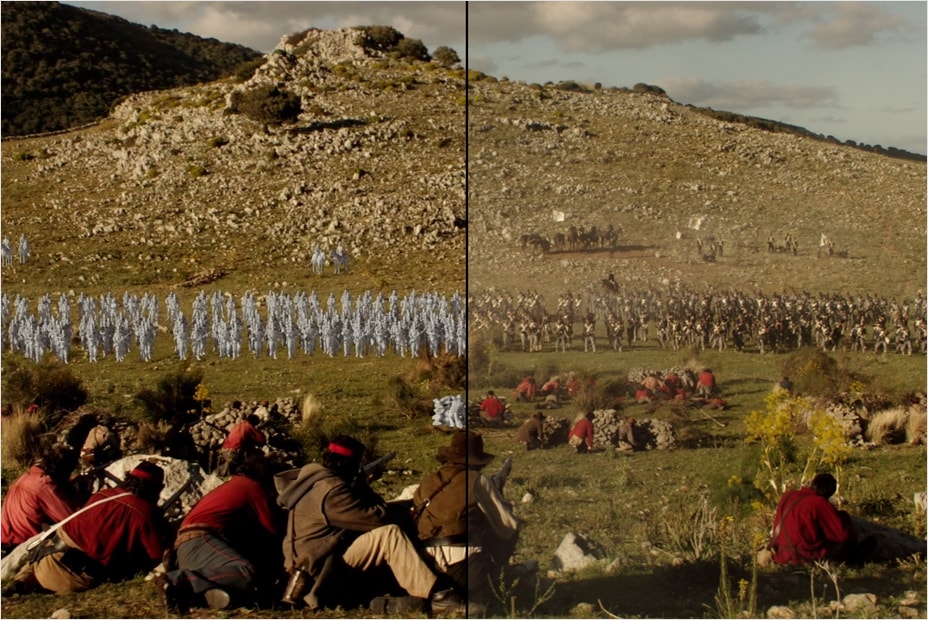 Soldiers fighting on an open battlefield.