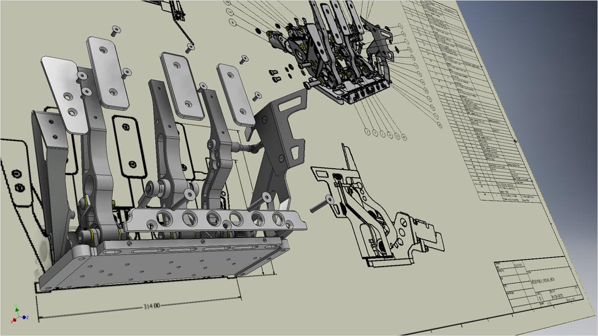 Rendering of a BAC Mono automotive detail--the pedal box assembly with drawing.