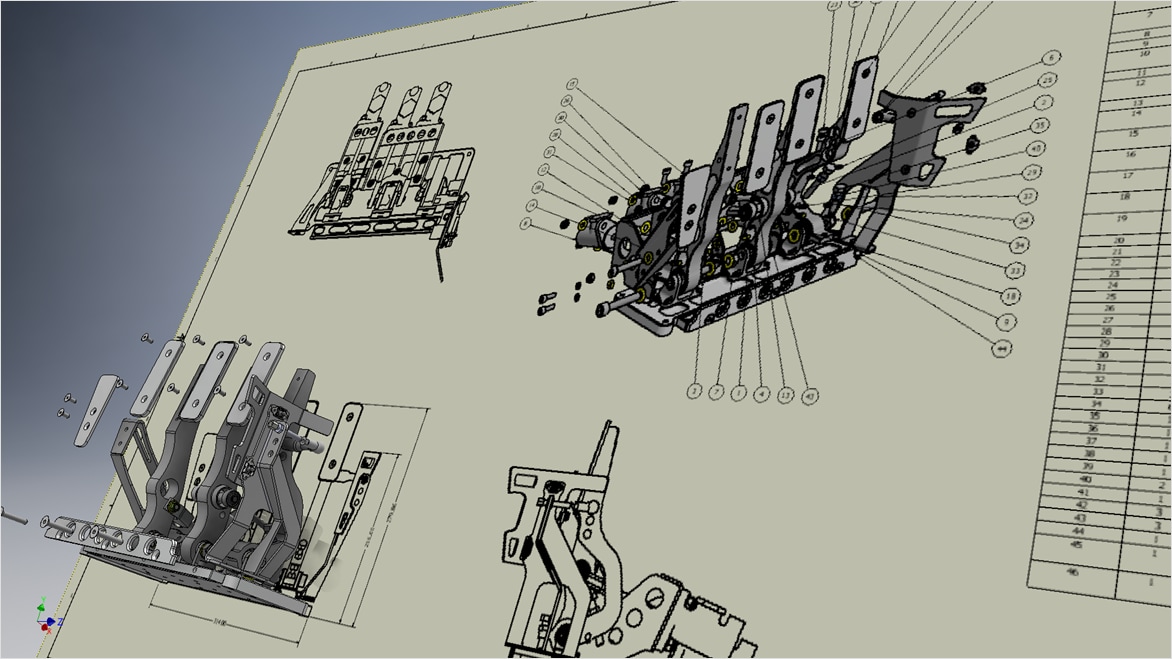 Rendering of a BAC Mono automotive detail--the pedal box assembly with drawing.