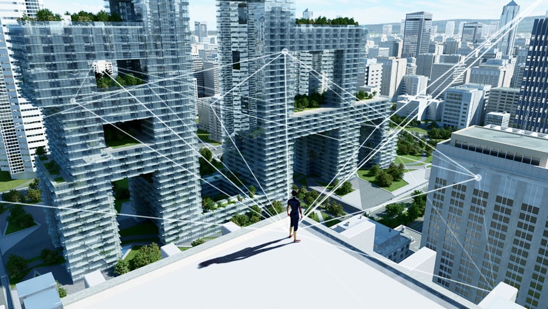 Woman on rooftop looking at virtual connections to other buildings