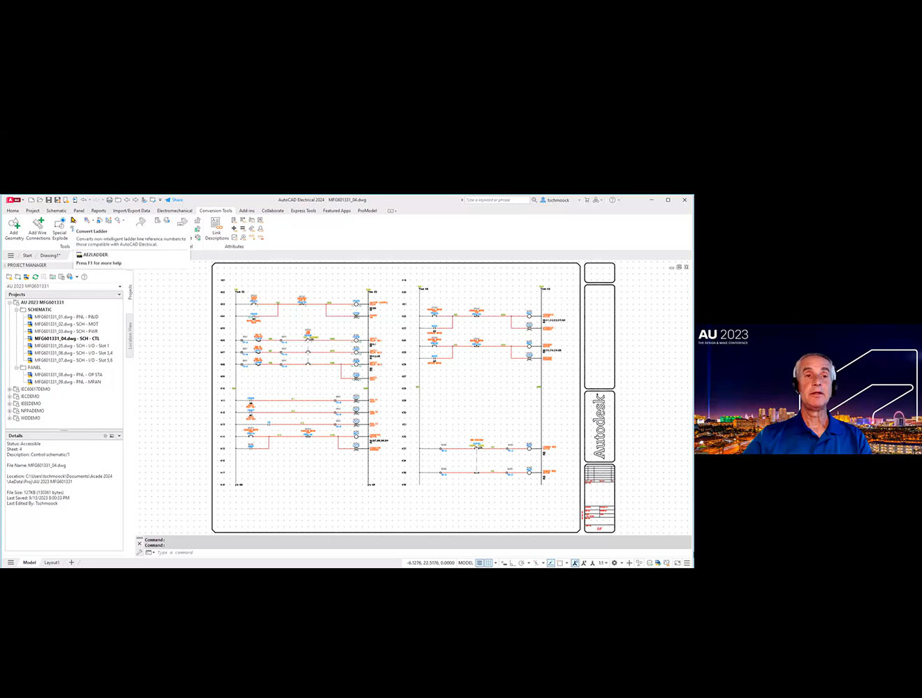 Screenshot of AutoCAD electrical 2023 software displaying an electrical schematic design with "AU 2023" branding.