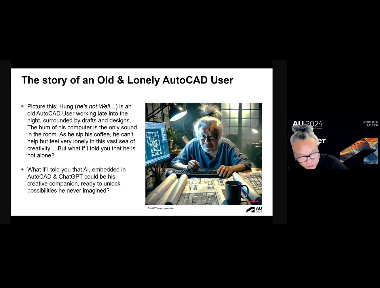 Old AutoCAD user working late with AI and ChatGPT as creative companions.