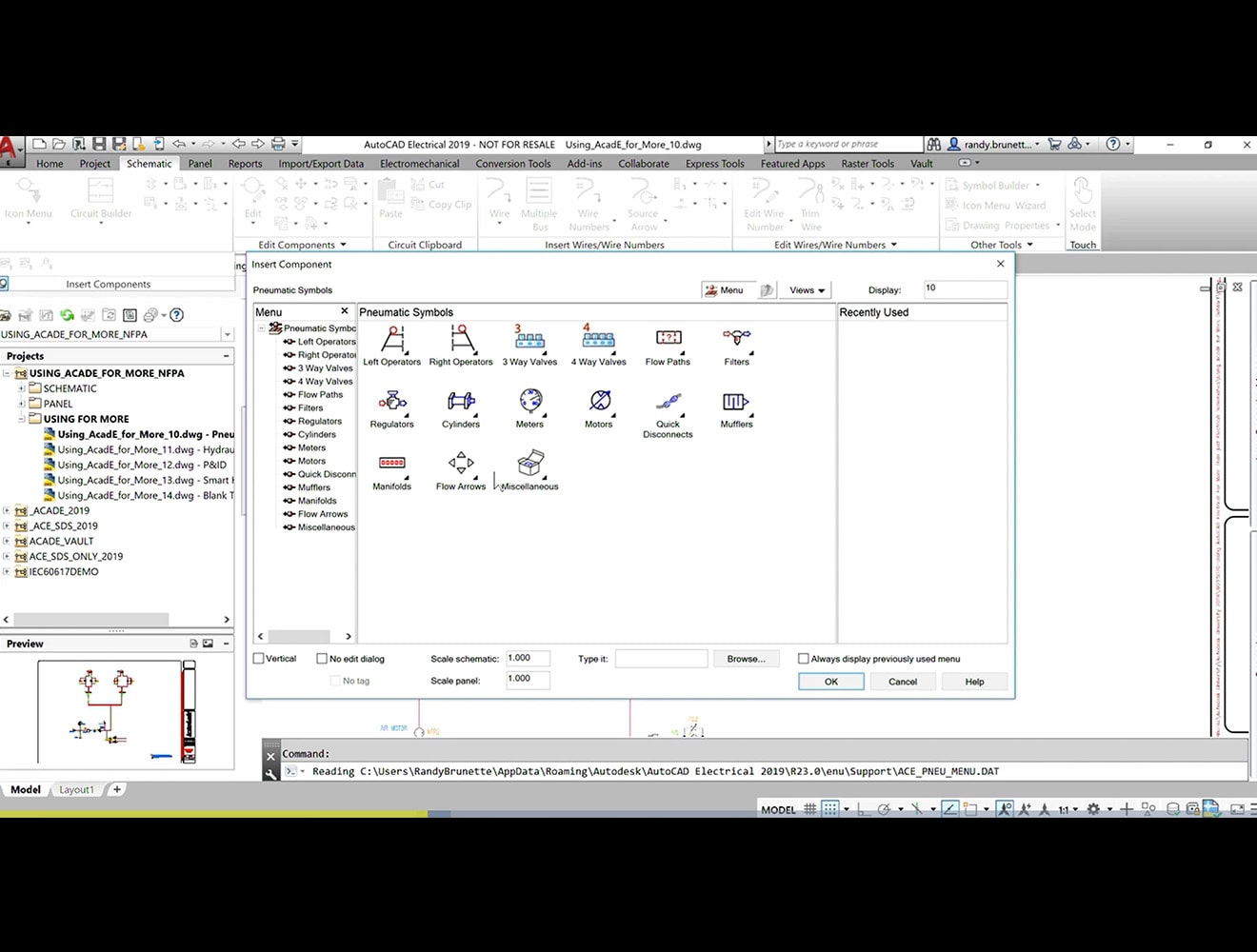 AutoCAD electrical interface displaying pneumatic symbols for schematics.