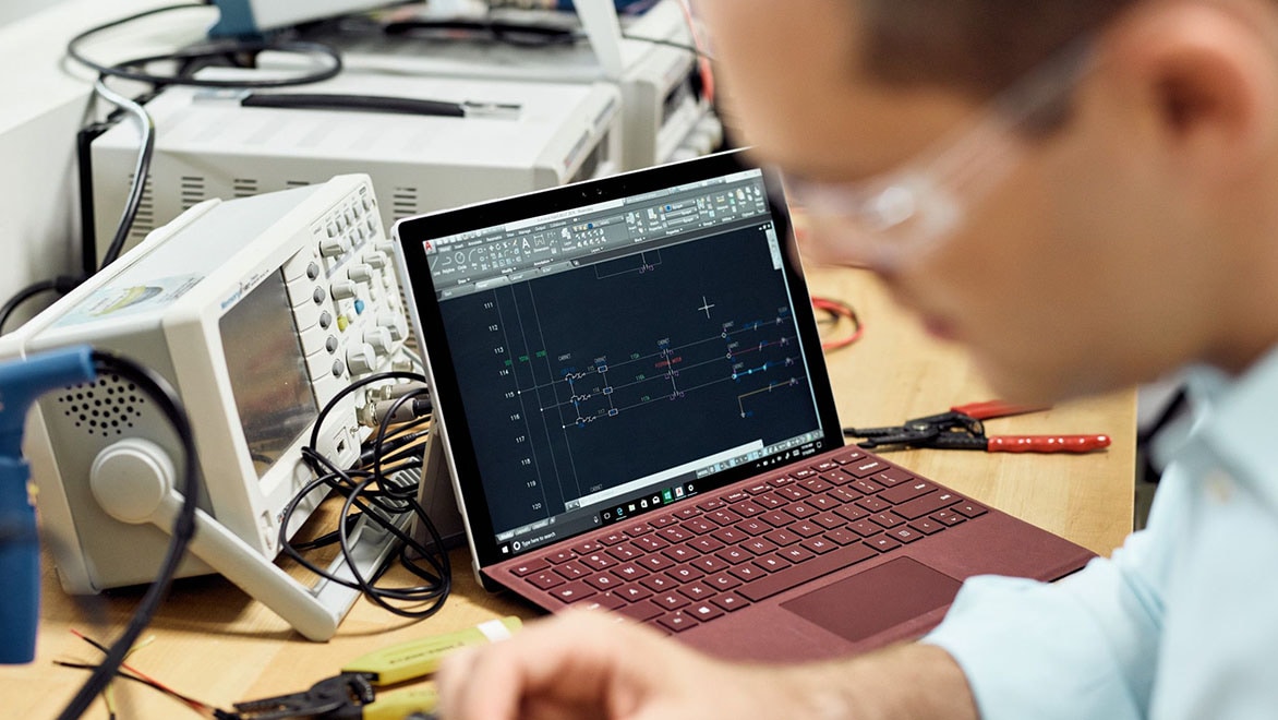 Man working in the electrical workshop at the Autodesk San Francisco Technology Center.