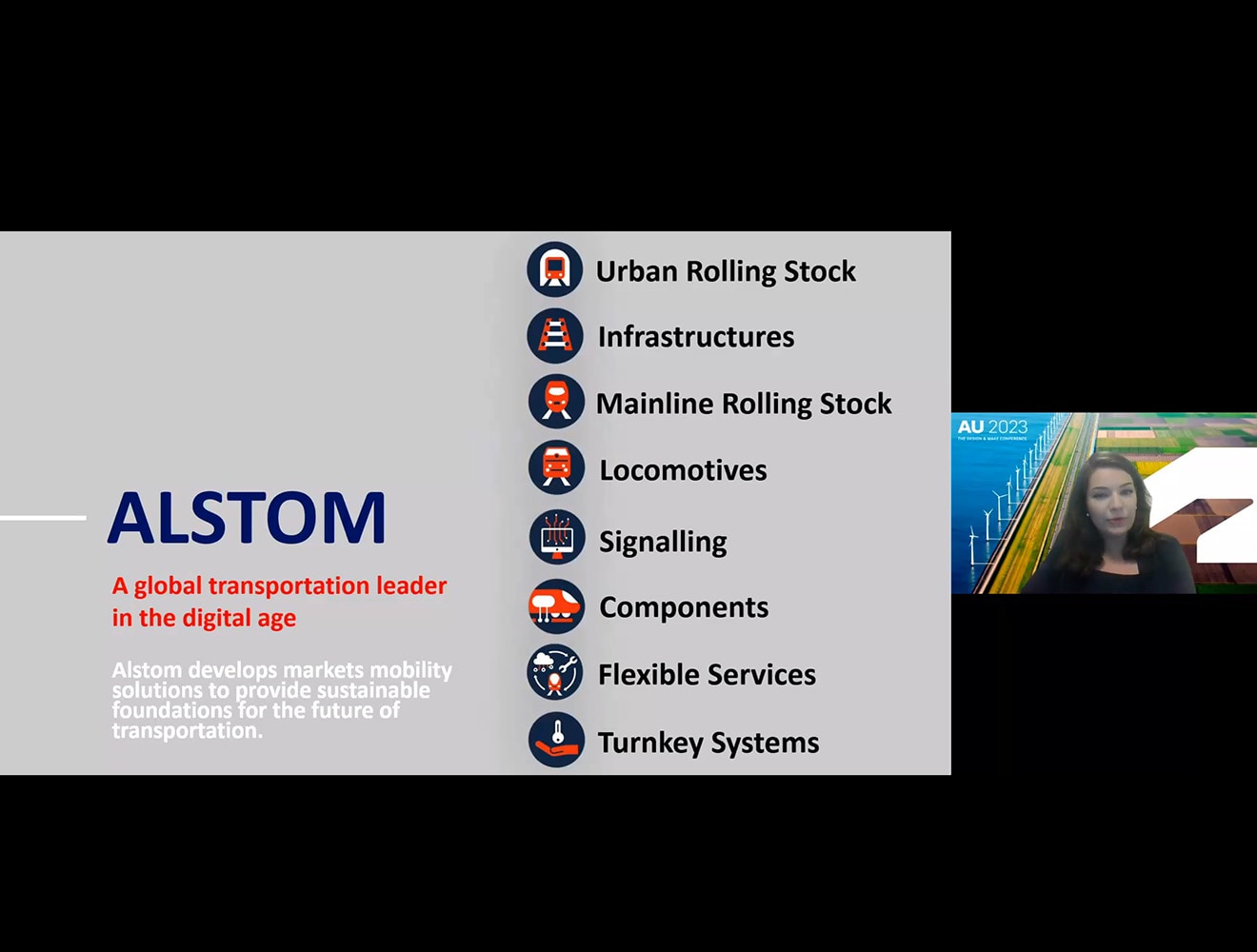 Alstom logo with transportation solutions like urban rolling stock and locomotives.