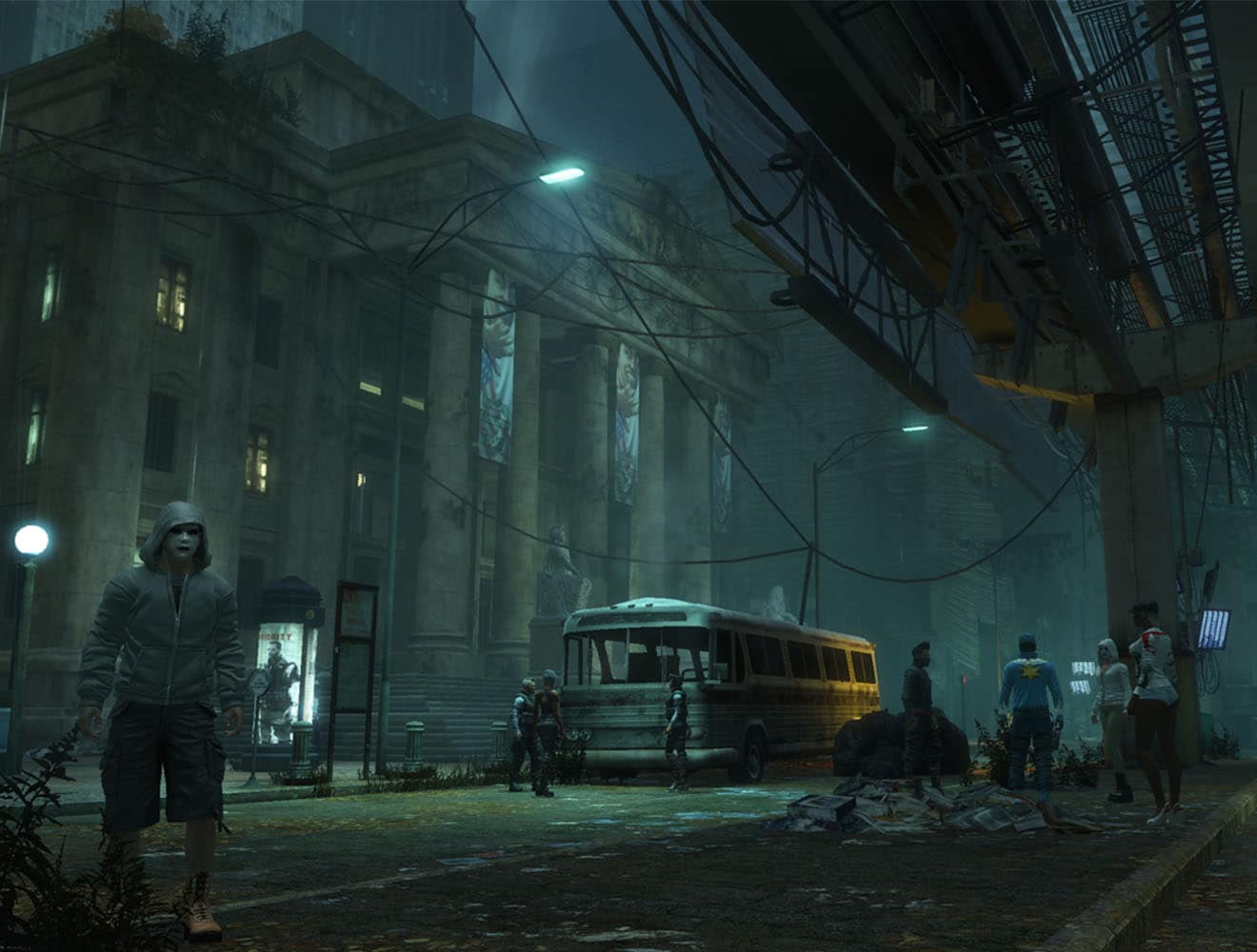 Urban decay scene with rundown bus and damaged infrastructure.