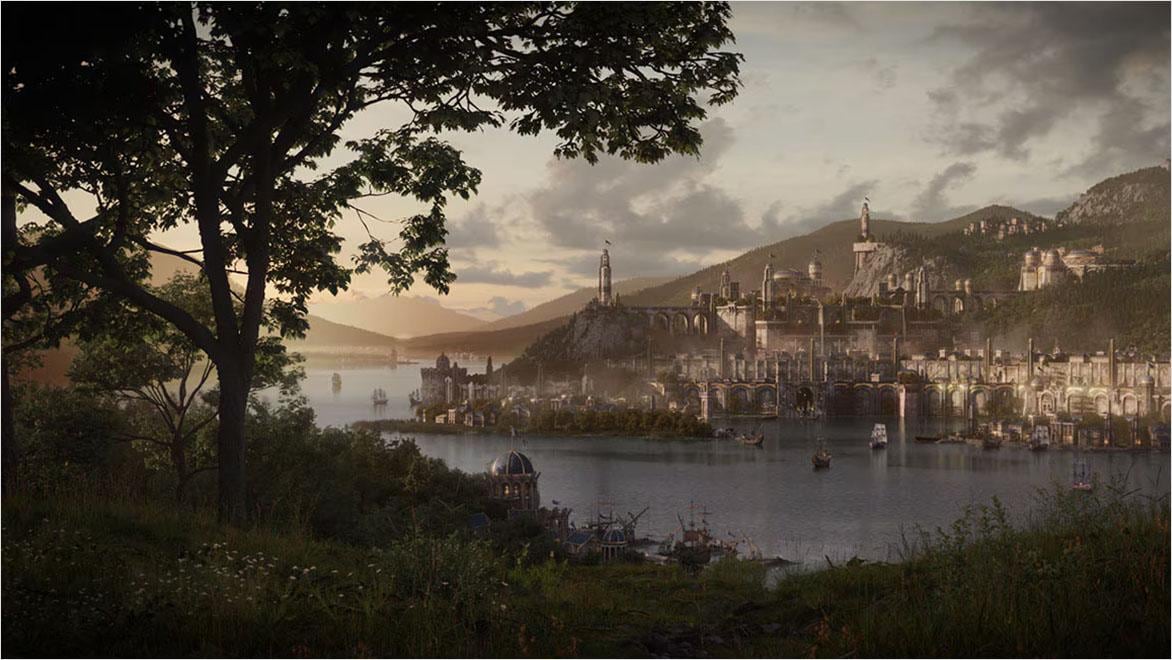 Large city with white castle-like buildings on rolling hills next to a river bend