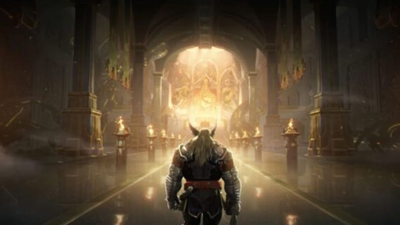 A warrior stands in a grand, illuminated hall with columns and glowing torches.