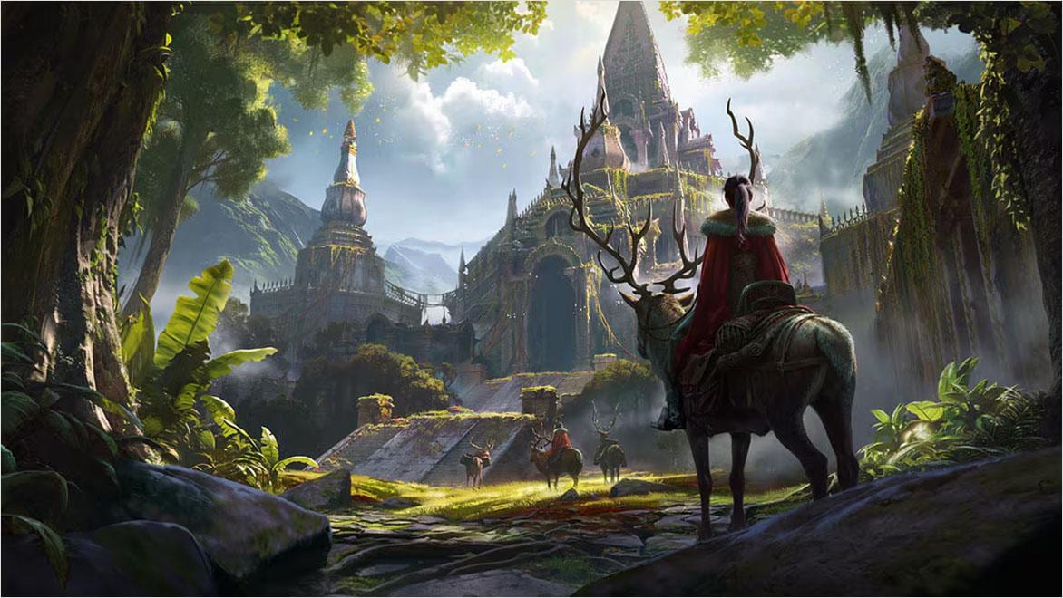 Animated character with a ponytail and a cape riding a creature with tall antlers overlooking an ancient temple