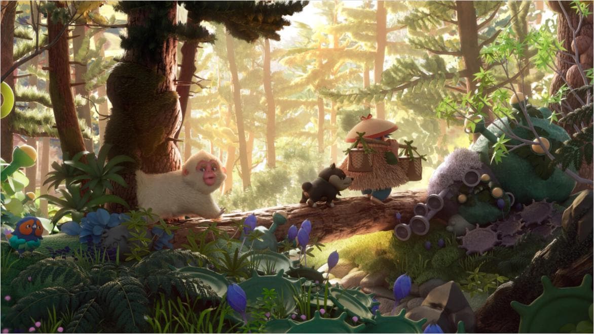 CG characters walking through a forest