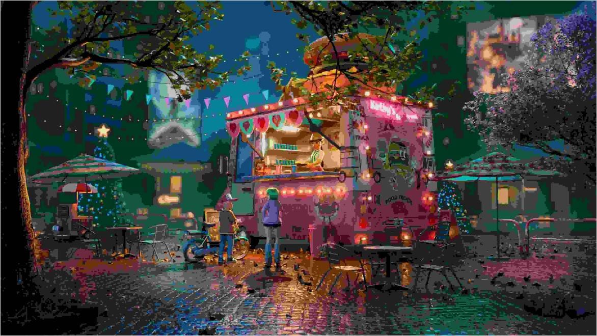 CG scene with food truck in a town square