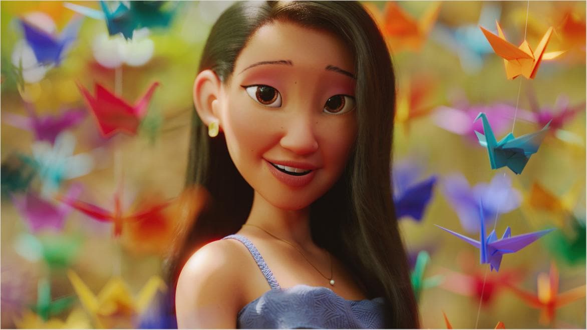 CG woman surrounded by origami birds