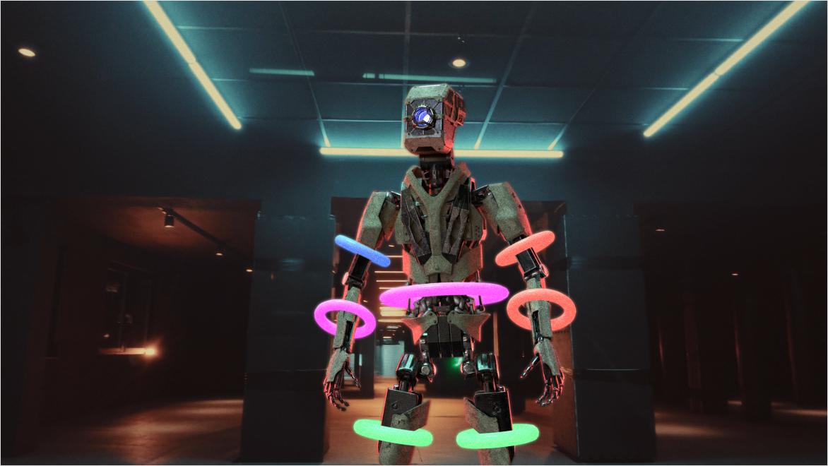 Robot character in dark room