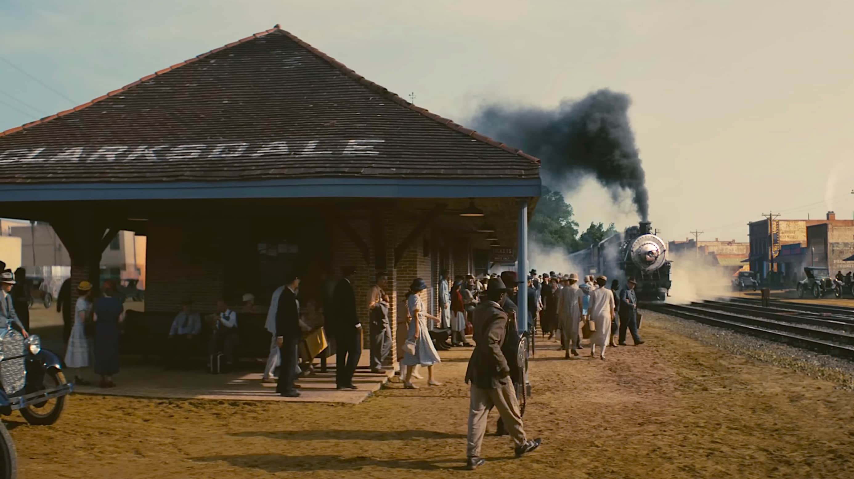 Train approaching a station in the film, 'Sinners'.