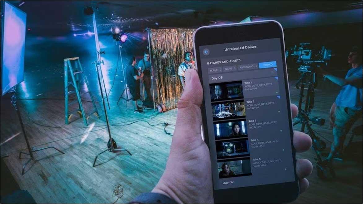 Cloud-based video production management on mobile device during film set shoot