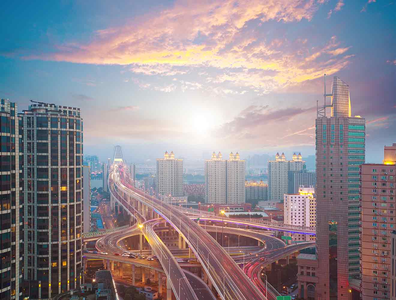 High angle view of elevated highway infrastructure in a large city.