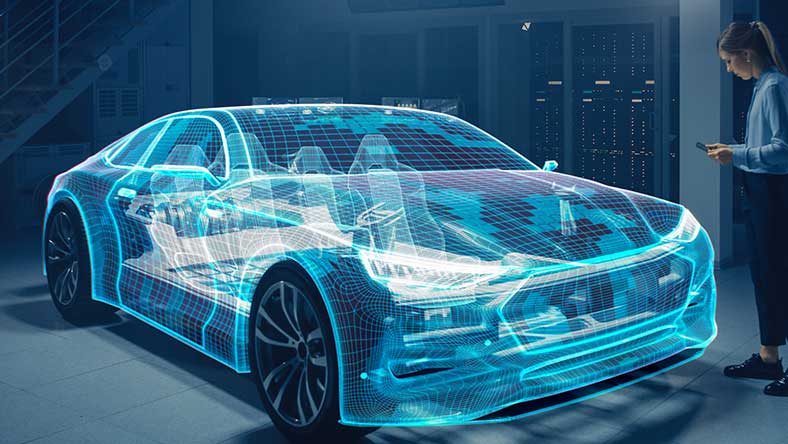 Female automotive engineer uses digital tablet