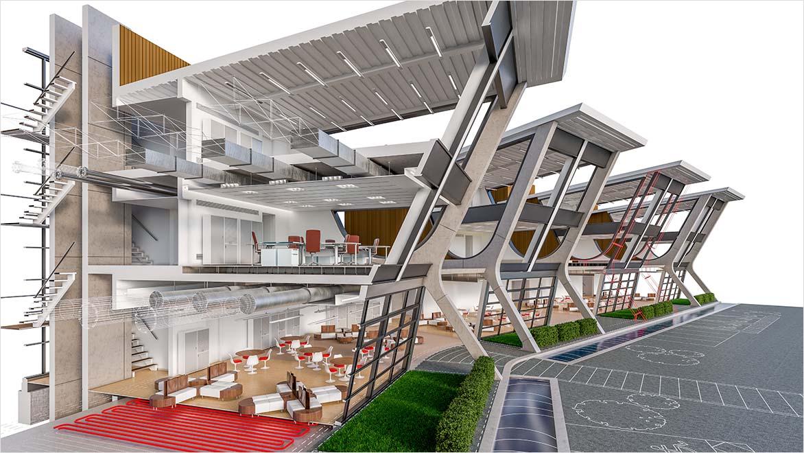 Rendering of an open office building with a cross section cut out showing the interior space and some of the landscape design