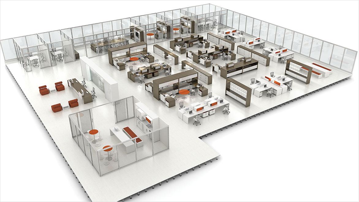 3D perspective rendering of an office floor plan.