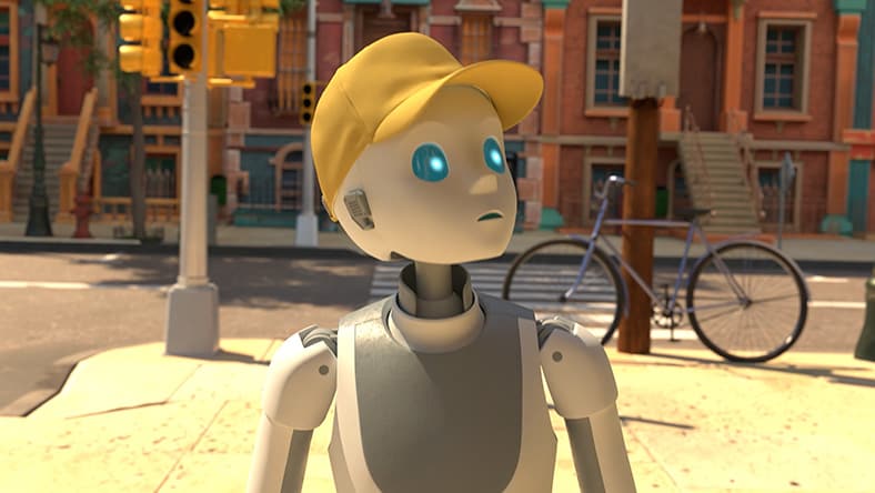 Cartoon-style robot wearing a yellow cap standing on a sunny city street near a bicycle.