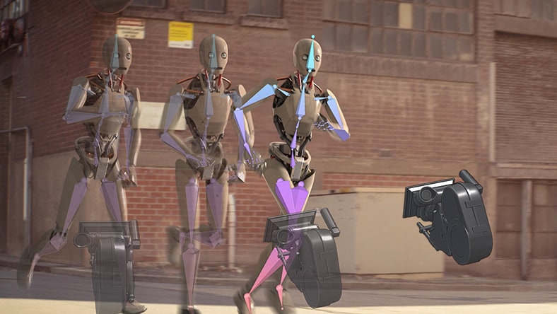 Three humanoid robots running on a street with mechanical parts and neon highlights.