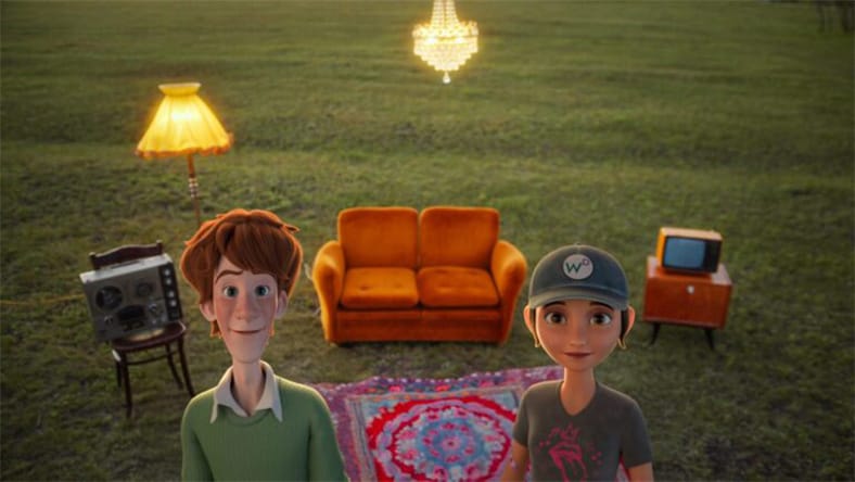 Outdoor living room setup with sofa, chandelier, rug, lamp, TV, and radio on grass.