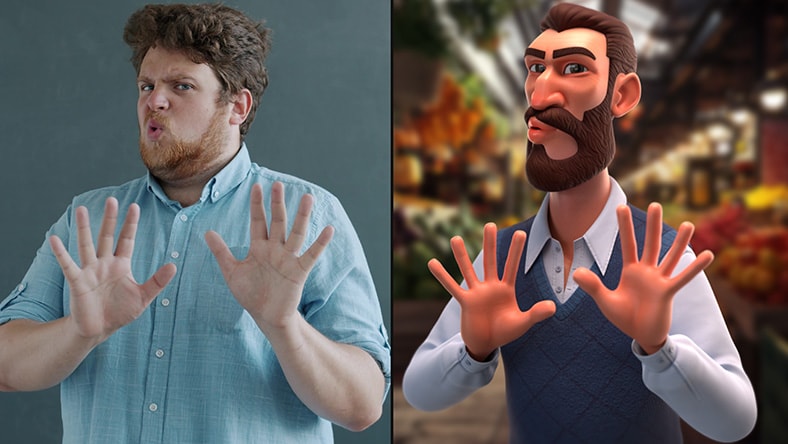 Split-screen of a person and animated character with hands raised.