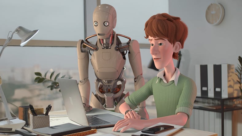 Animated character at desk with laptop and humanoid robot behind.