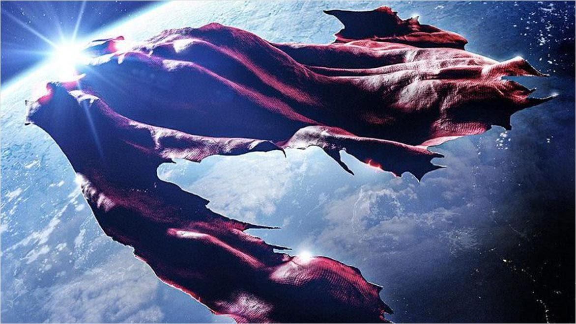 Tattered Superman cape floating in space above Earth with the Superman & Lois logo 
