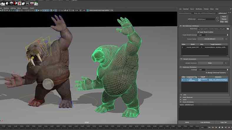 A screen in Autodesk Maya shows a rigged walrus-man character next to an approximation from the ML Deformer.