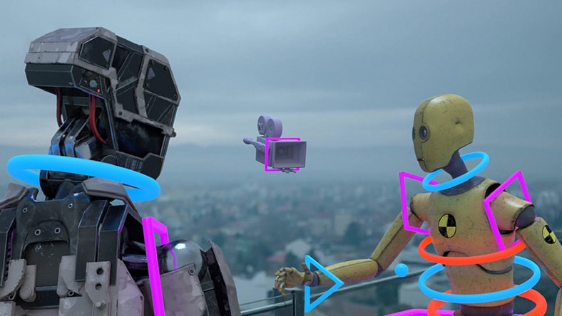 Two robots interacting with a floating camera, highlighted by neon shapes, overlooking a cityscape.