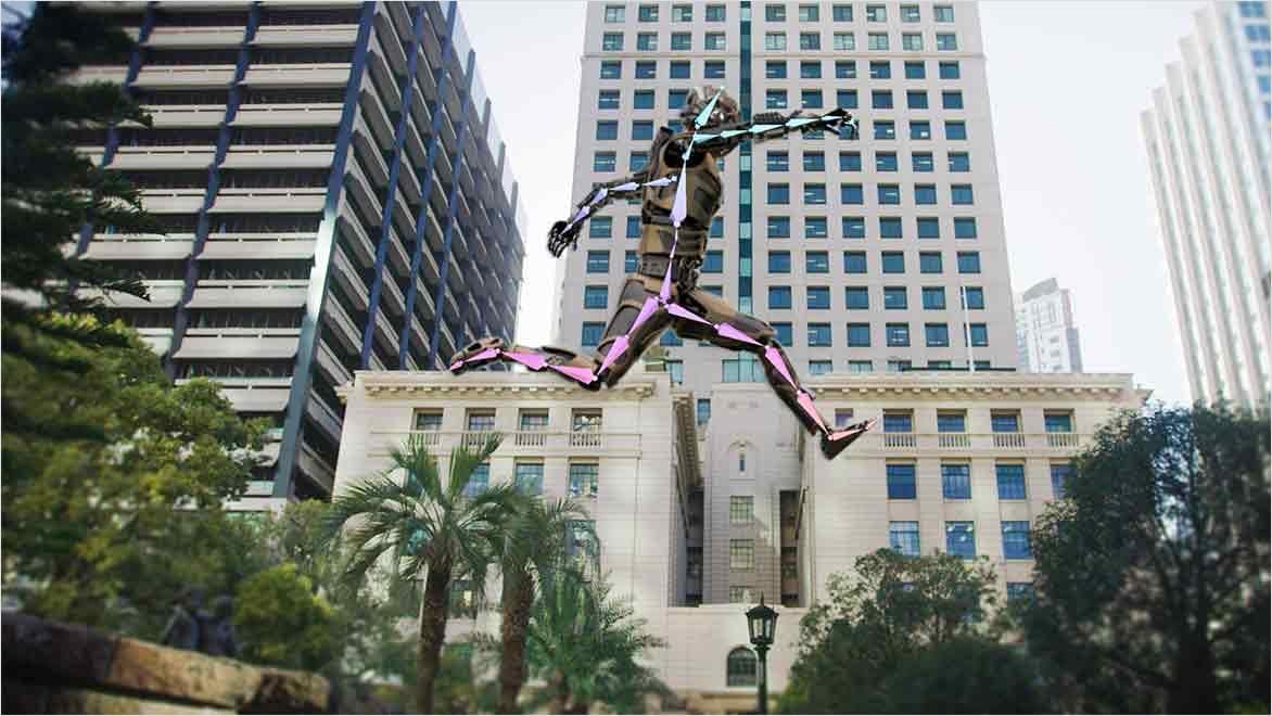 Humanoid robot leaping across cityscape.