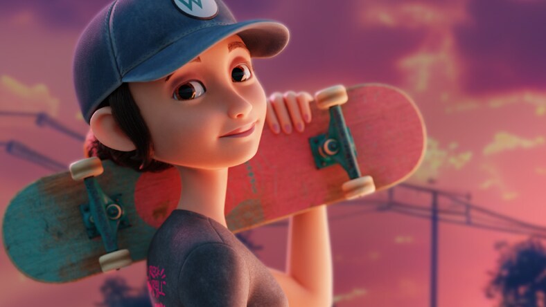 Image de synthèse d’une fille tenant une planche à roulettes