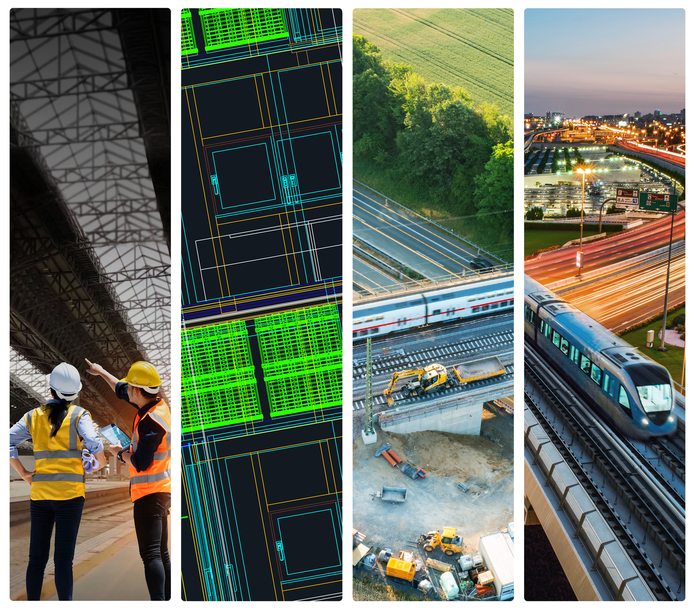 Cityscape rendering showing digital transformation and connected data, with roads, motorways, rail and more