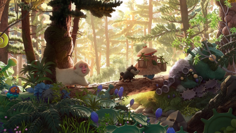 Animated animals walking through a forest.