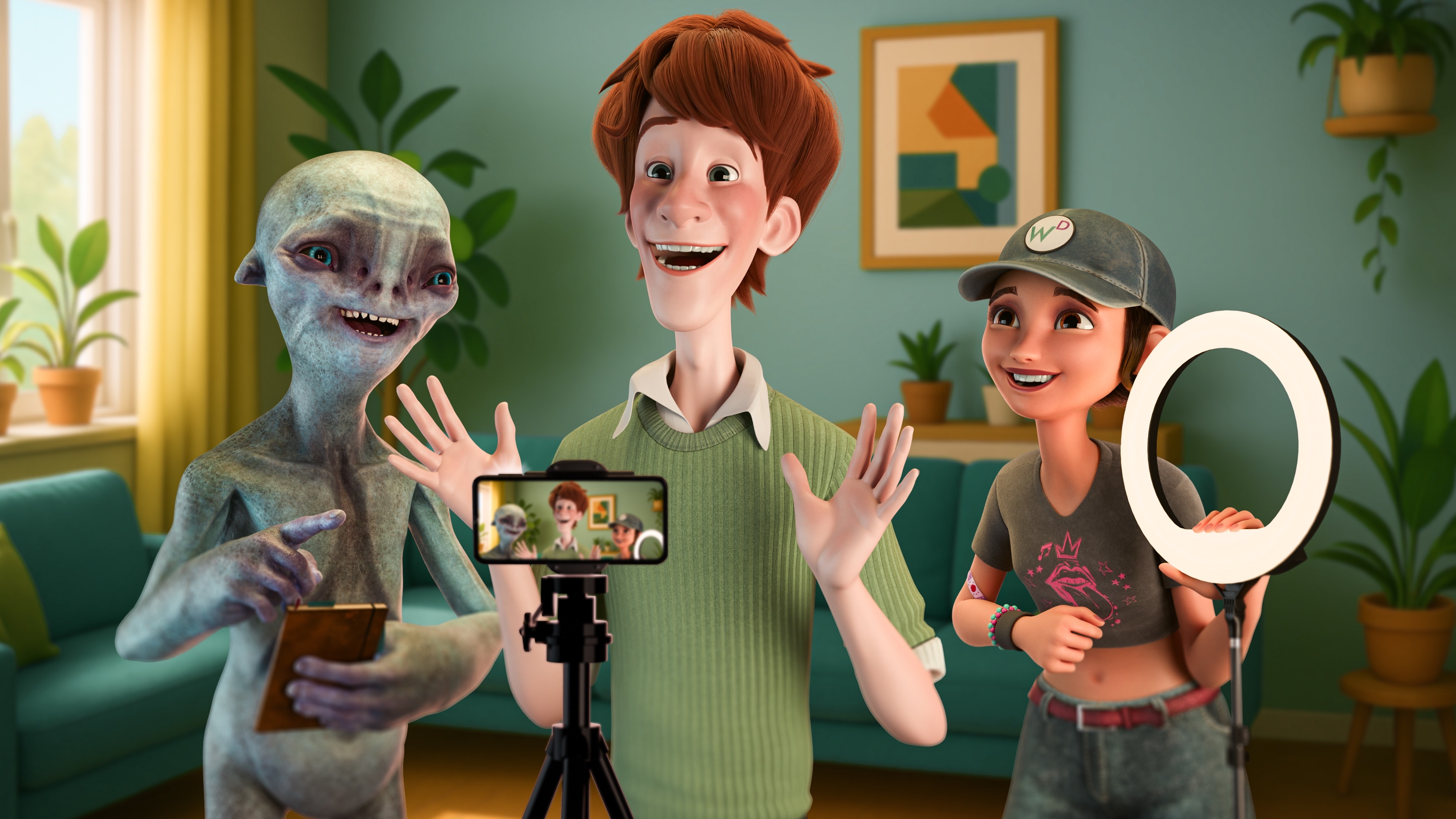 Animated characters recording content.