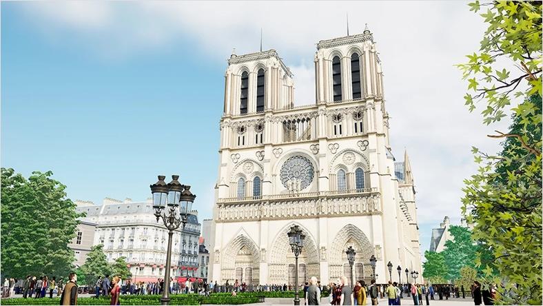 Die Kathedrale Notre-Dame in Paris, umgeben von Menschen und Bäumen.