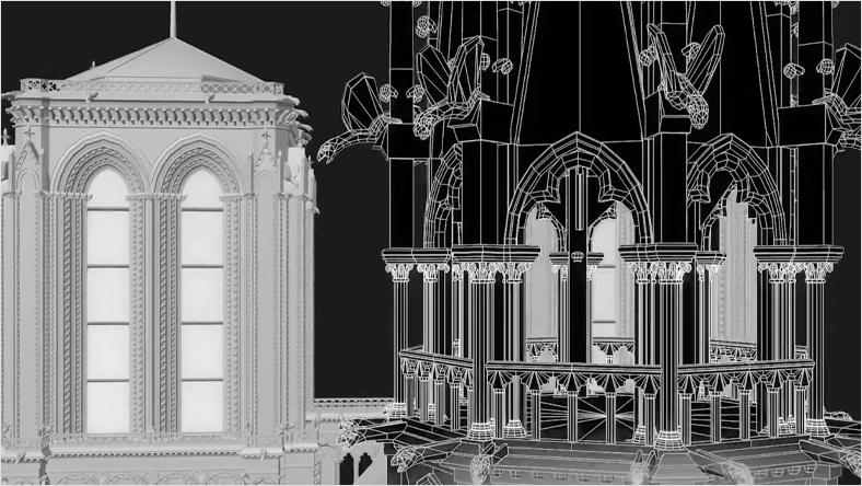 Modèle 3D de la cathédrale Notre-Dame, montrant des détails architecturaux.