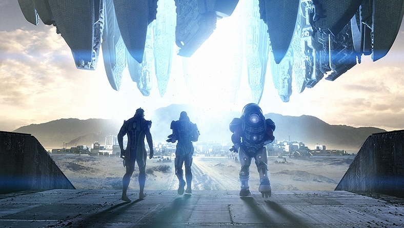 Futuristic or sci-fi scene where three humanoid figures are walking toward a massive alien or advanced structure.