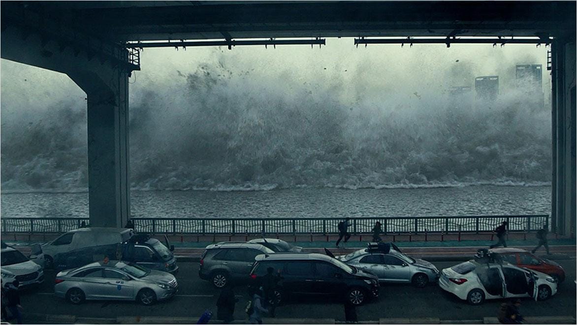 Wave approaching city bridge with people fleeing