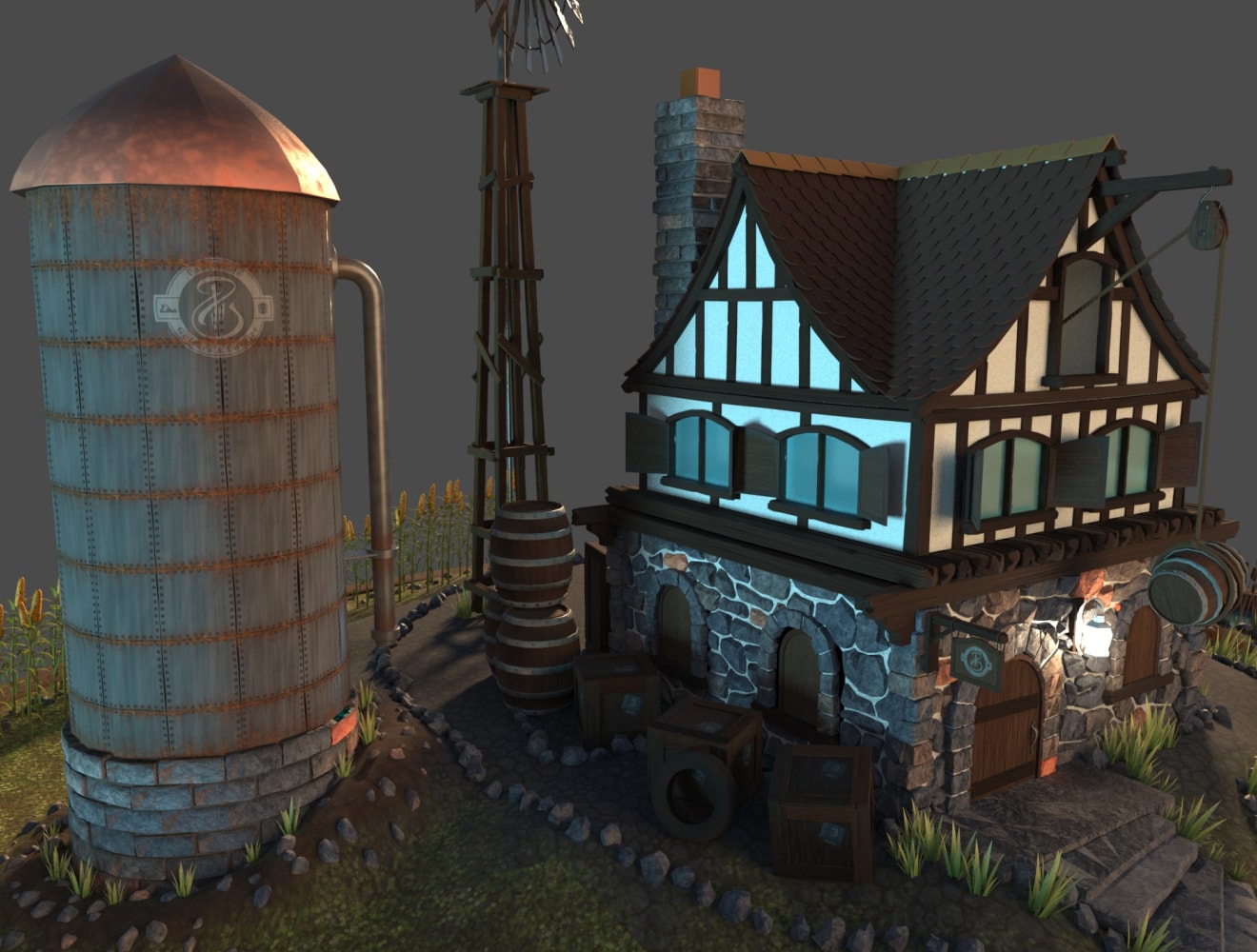 Mushroom house in a colorful fantasy valley.