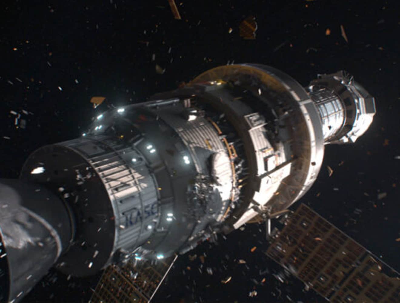 Spacecraft floating in outer space, surrounded by debris
