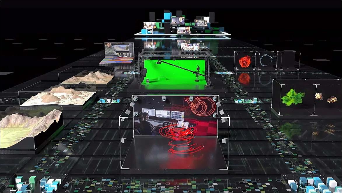 A digital scene of advanced simulations and virtual production.