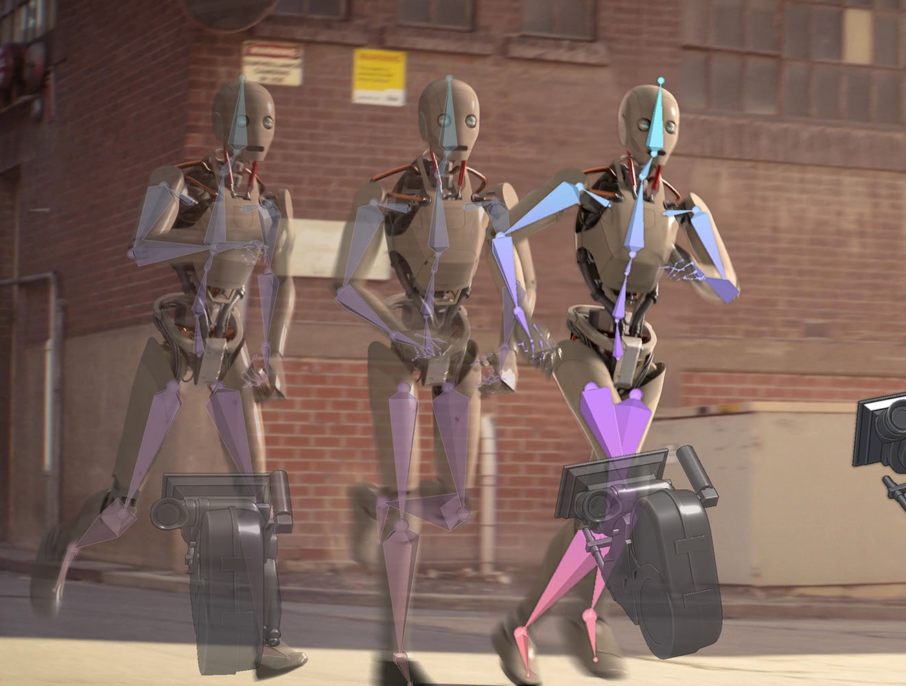 A scene involving robotic characters in motion