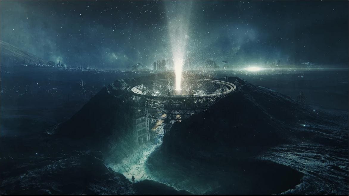 A large circular structure emits a strong beam of light directly into the night sky on a dark alien world.