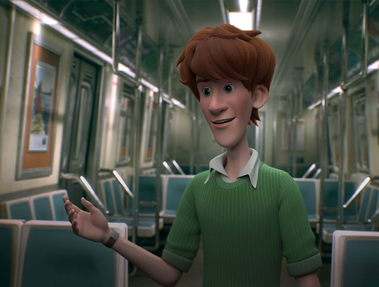 3D animated character standing inside a subway train.