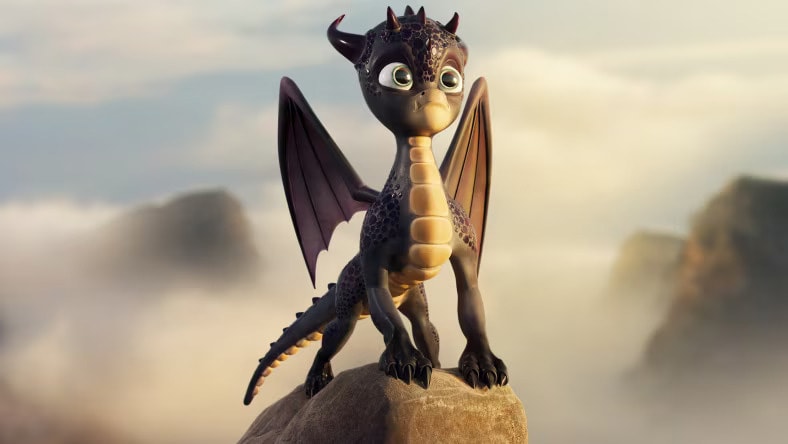 Young dragon standing confidently on a rock