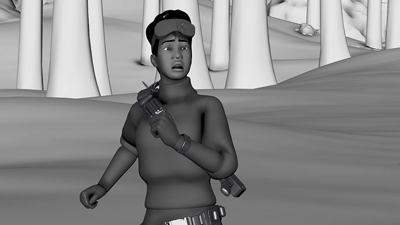 Grayscale 3D rendering of a character.